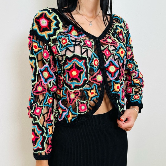 Vintage Norm Thompson Colorful Crochet Knit Cardigan Boho Open Weave Y2K - Picture 2 of 8